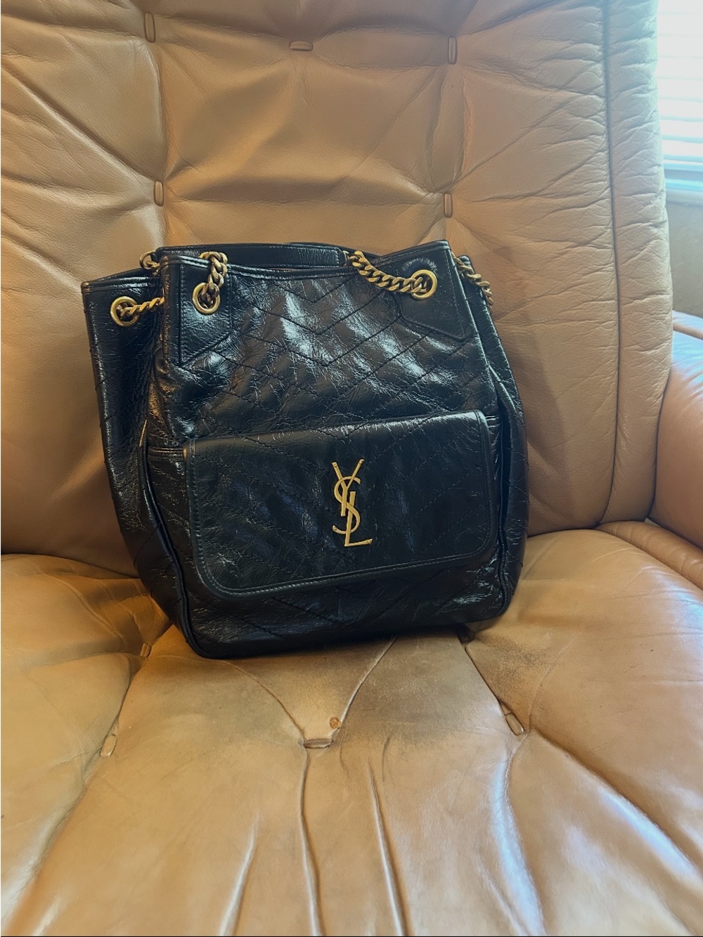 NWOT Saint Laurent Niki Large Tote Black Crinkled Leather Gold YSL - Picture 10 of 10